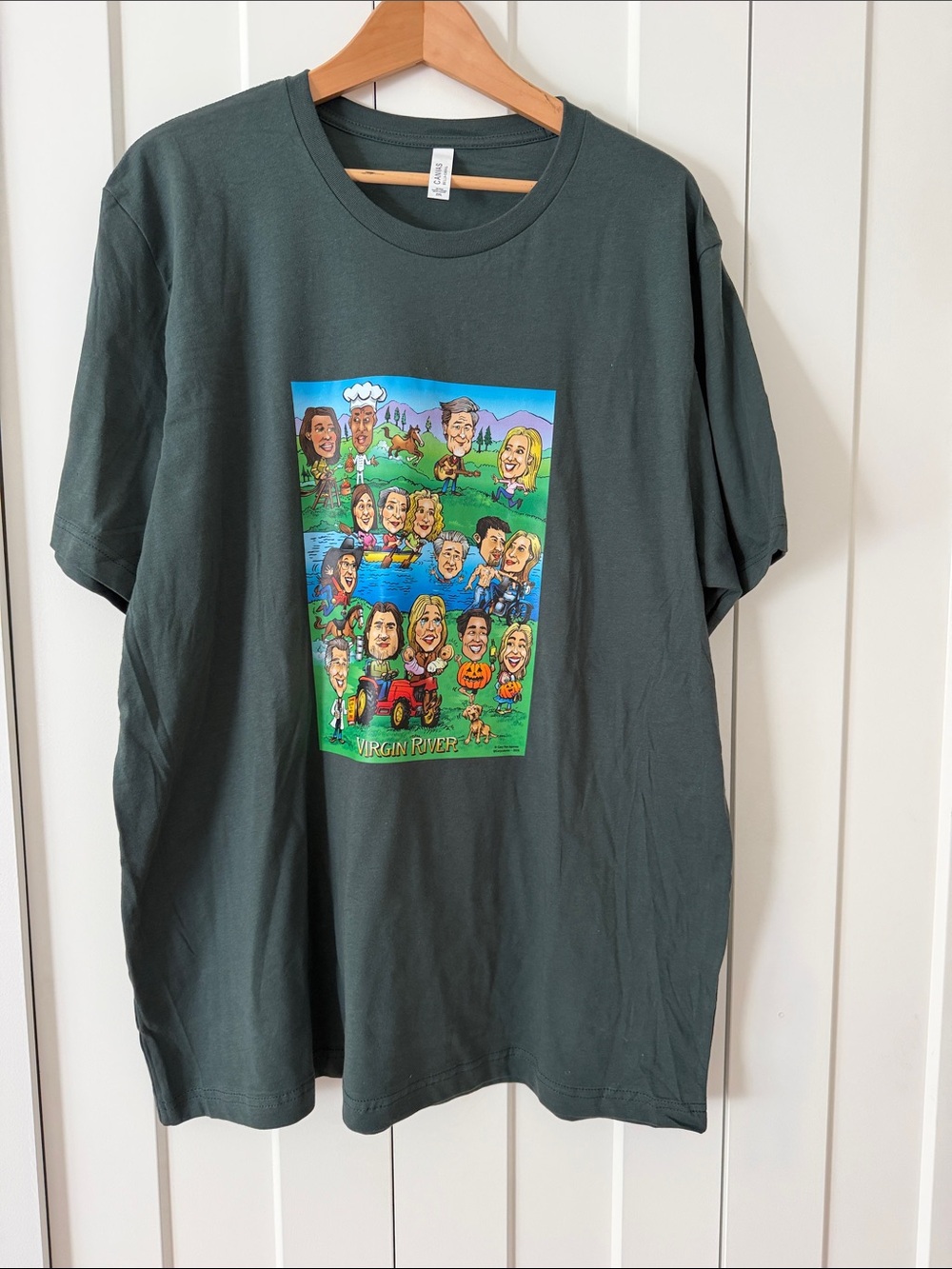 Virgin River Green Short Sleeve Tee with Colorful Caricature Graphic